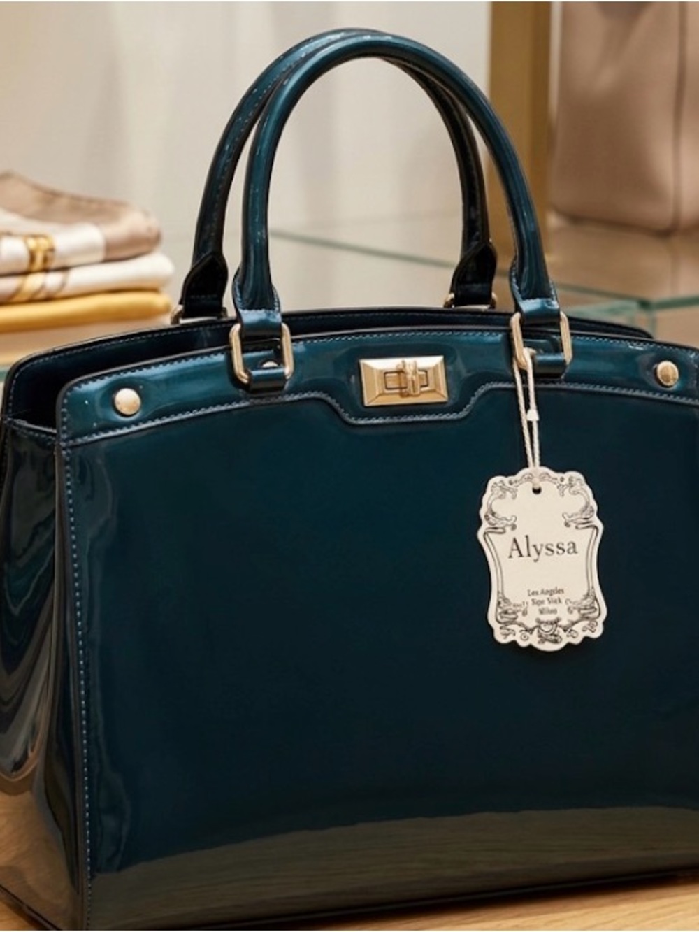 Alyssa Glossy Patent Leather (PU) Top-Handle Bag in Teal